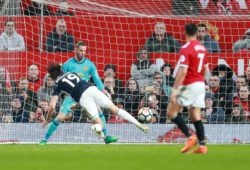 Jay Rodriguez of West Bromwich Albion dives to head the first goal of the match during the premier league match at the Old Trafford Stadium, Manchester. Picture date 15th April 2018. Picture credit should read: Simon Bellis/Sportimage PUBLICATIONxNOTxINxUK