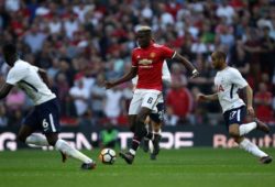Davinson Sanchez (TH) Paul Pogba (MU) Lucas Moura (TH) at the Emirates FA Cup Semi-Final between Manchester United ManU and Tottenham Hotspur, at Wembley Stadium, London, on April 21, 2018. **THIS PICTURE IS FOR EDITORIAL USE ONLY** PUBLICATIONxNOTxINxUK