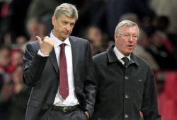 epa01714037 Arsenal manager, Arsene Wenger (L) and Manchester United manager, Sir Alex Ferguson (R) walk off the pitch at the end of the Champions League semi-final first leg match between their teams at Old Trafford in Manchester, Britain, 29 April 2009.  EPA/MAGI HAROUN UK AND IRELAND OUT