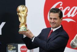epa06662068 Mexican President Enrique Pena Nieto holds the FIFA World Cup trophy at the presidential residence Los Pinos, in Mexico City, Mexico, 11 April 2018. The World Cup trophy visits Mexico during the "Tour FIFA World Cup Russia 2018" and will stay in the country between 9 and 15 April in Mexico City, Guadalajara and Monterrey.  EPA-EFE/JORGE NUNEZ