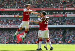 epa06685424 Nacho Monreal (L) of Arsenal celebrates with his teammates after scoring the 1-0 lead during the English Premier League soccer match between Arsenal FC and West Ham United in London, Britain, 22 April 2018.  EPA-EFE/KIERAN GALVIN EDITORIAL USE ONLY. No use with unauthorized audio, video, data, fixture lists, club/league logos or 'live' services. Online in-match use limited to 75 images, no video emulation. No use in betting, games or single club/league/player publications.