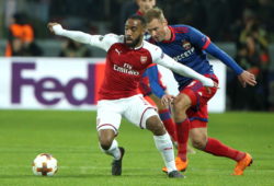 MOSCOW, RUSSIA - APRIL 12, 2018: Arsenal F.C.'s Alexandre Lacazette (L) and CSKA Moscow's Alexei Berezutsky fight for the ball in their 2017-2018 UEFA Europa League quarterfinal second leg football match at VEB Arena (Arena CSKA). Mikhail Tereshchenko/TASS 
All Over Press