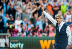 Manuel Pellegrini, Manager of Manchester City waves at the away supporters during the Barclays Premier League match between Swansea City and Manchester City played at the Liberty Stadium, Swansea on the 15th of May  2016