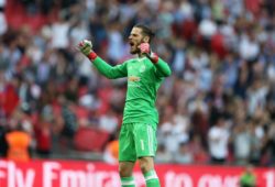 21st April 2018, Wembley Stadium, London England; FA Cup football, semi final, Tottenham Hotspur versus Manchester United ManU David De Gea of Manchester United celebrates towards the Manchester Untied fans after the final whistle as Manchester Untied beat Tottenham Hotspur 2-1 to reach the FA Cup Final PUBLICATIONxINxGERxSUIxAUTxHUNxSWExNORxDENxFINxONLY ActionPlus12016121