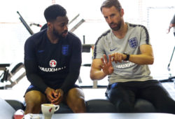 Manager Gareth Southgate talks to Danny Rose in the gym before the England Football Team Training Session at Spartak Zelenogorsk training ground