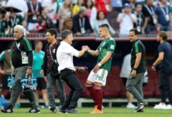 Javier Hernandez of Mexico celebrates with Manager Juan Carlos Osorio (Columbia) of Mexico