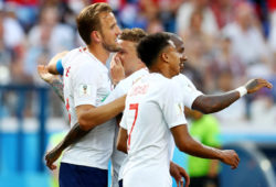 Harry Kane of England celebrates scoring his sides sixth goal and his hat-trick.