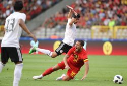 Tarek HARED and Eden HAZARD pictured in action during a friendly game between Belgium and Egypt, as part of preparations for the 2018 FIFA World Cup WM Weltmeisterschaft Fussball in Russia, on June 6, 2018 in Brussels, Belgium. Photo by Vincent Van Doornick - Isosport Belgium vs Egypt PUBLICATIONxNOTxINxNED x2237443x