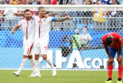 (180617) -- SAMARA, June 17, 2018 -- Dusko Tosic (L) and Aleksandar Kolarov (C) of Serbia celebrate their victory after a group E match between Costa Rica and Serbia at the 2018 FIFA World Cup WM Weltmeisterschaft Fussball in Samara, Russia, June 17, 2018. Serbia won 1-0. ) (SP)RUSSIA-SAMARA-2018 WORLD CUP-GROUP E-COSTA RICA VS SERBIA YexPingfan PUBLICATIONxNOTxINxCHN