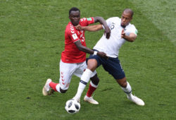 19.06246366 June 26, 2018 - Moscow, Russia: Danish football player Pione Sisto (left) and French football player Djibril Sidibe (right) during the match. 2018 FIFA World Cup Russia group C match between Denmark and France at Luzhniki Stadium. (Dmitry Korotaev/Kommersant/Polaris) ///
