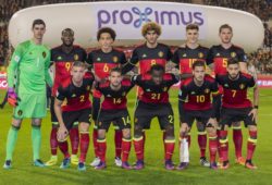 4.06697912 (BL-R) goalkeeper Thibaut Courtois of Belgium, Romelu Lukaku of Belgium, Axel Witsel of Belgium, Marouane Fellaini of Belgium, Thomas Meunier of Belgium, Jan Vertonghen of Belgium  (FL-R) Toby Alderweireld of Belgium, Dries Mertens of Belgium, Jordan Lukaku of Belgium, Eden Hazard of Belgium, Yannick Carrasco of Belgiumduring the FIFA World Cup 2018 qualifying match between Belgium and Bosnie Herzegowina on October 07, 2016 at the Koning Boudewijn stadium in Brussels, Belgium. 
IBL