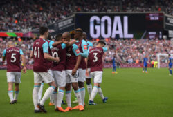 Manuel Lanzini of West Ham United celebrates his goal with team-mates, 1-0