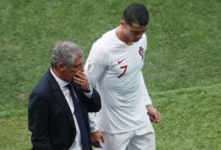 Manager Fernando Santos of Portugal speaks with Cristiano Ronaldo