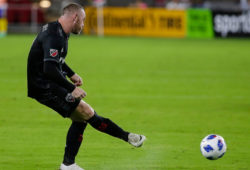 D.C. United Forward/Midfielder #9 Wayne Rooney takes a shot during a MLS soccer match between D.C. United and the Colorado Rapids at Audi Field in Washington DC