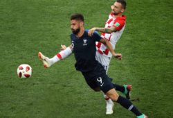 MOSCOW, RUSSIA - JULY 15, 2018: France s Olivier Giroud (L) and Croatia s Marcelo Brozovic fight for the ball in the 2018 FIFA World Cup WM Weltmeisterschaft Fussball Final match between France and Croatia at Luzhniki Stadium. PUBLICATIONxNOTxINxRUS