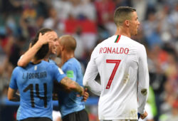 19.06250615 June 30, 2018 - Sochi, Russia: Cristiano Ronaldo (R) of Portugal reacts after the 2018 FIFA World Cup round of 16 match between Uruguay and Portugal in Sochi, Russia, on June 30, 2018. Uruguay won 2-1 and advanced to the quarter-final. (Liu Dawei/Xinhua/Polaris) ///