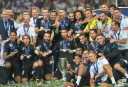 4.07119521 (170809) -- SKOPJE, Aug. 9, 2017 (Xinhua) -- Players of Real Madrid celebrate with the trophy after winning the UEFA Super Cup against Manchester United in Skopje, capital of Macedonia, on Aug. 8, 2017. Real Madrid won 2-1. (Xinhua/Liu Lihang)
Xinhua News Agency / Eyevine / IBL