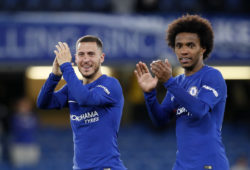 4.07585817 May 9, 2018 - London, United Kingdom - Chelsea''s Eden Hazard and Willian laugh as they applaud the fans during the premier league match at the Stamford Bridge Stadium, London. Picture date 9th May 2018. Picture credit should read: David Klein/Sportimage/Cal Sport Media/Sipa USA(Credit Image: © Simon Bellis/CSM/Sipa USA) 
IBL