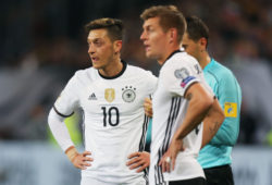 Mesut Ozil and Toni Kroos of Germany line up a free kick during the FIFA World Cup 2018 qualifying match between Germany and Czech Republic played at Volksparkstadion, Hamburg on 8th October 2016