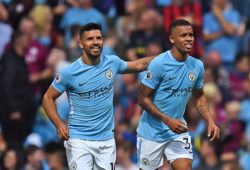 Gabriel Jesus of Manchester City celebrates his goal with Sergio Aguero of Manchester City.