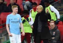 Manchester City manager Pep Guardiola giving instructions to Kevin De Bruyne (17) of Manchester City during the EFL Cup Final match between Arsenal and Manchester City at Wembley Stadium, London. Picture by Graham Hunt