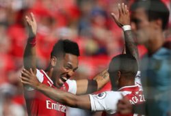 Pierre-Emerick Aubameyang  of Arsenal celebrates scoring the opening goal with team-mate  Alexandre Lacazette of Arsenal