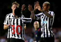 St. Patrick's Athletic vs Newcastle United. Newcastle's Christian Atsu celebrates scoring a goal with Kenedy