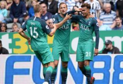 Dele Alli of Tottenham Hotspur celebrates scoring their second goal with Eric Dier of Tottenham Hotspur and Harry Kane of Tottenham Hotspur