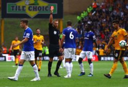 Phil Jagielka of Everton is sent off by referee Craig Pawson