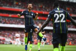 Bernardo Silva of Manchester City celebrates his goal with Benjamin Mendy