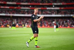 Kevin De Bruyne of Manchester City applauds fans at full time