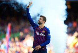 Gerard Pique of FC Barcelona greets the fans