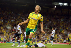 Teemu Pukki of Norwich City celebrates after he scores the opening goal to puty Norwich 1-0 up