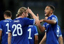 Dominic Calvert-Lewin of Everton celebrates scoring his sides second goal with Tom Davies