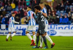 Willian of Chelsea and Elias Kachunga of Huddersfield Town during the Premier League match between Huddersfield Town and Chelsea at the John Smiths Stadium, Huddersfield, England on 12 December 2017. PUBLICATIONxNOTxINxUK Copyright: xJohnxBaguleyx 18180043