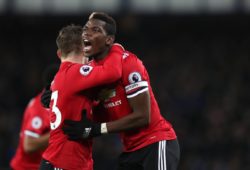 Paul Pogba celebrates with Luke Shaw of Manchester United ManU after Anthony Martial of Manchester United scores during the English Premier League match at Goodison Park, Liverpool. Picture date: January 1st, 2018. Photo credit should read: Lynne Cameron/Sportimage PUBLICATIONxNOTxINxUK