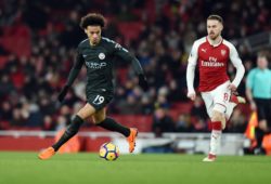 Leroy Sane of Manchester City is challenged by Aaron Ramsey of Arsenal during the Premier League match at the Emirates Stadium, London. Picture date March 1st, 2018 Pic Robin Parker/Sportimage via PA Images PUBLICATIONxNOTxINxUK HIP_4737.JPG