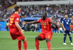 v.li:Thomas MEUNIER (BEL) und Romelu LUKAKU (BEL) feiern das Tor zum 3-2 von Nacer CHADLI (nicht im Bild,BEL) und den Einzug in WM Viertelfinale,Jubel,Freude,Begeisterung, Aktion.Spieler, Belgien (BEL)-Japan (JPN) 3-2, Achtelfinale,Round of 16,Spiel 54, am 02.07.2018 in Rostow am Don.Rostov Arena. Fussball Weltmeisterschaft 2018 in Russland vom 14.06. - 15.07.2018. *** v left Thomas MEUNIER BEL and Romelu LUKAKU BEL celebrate the goal to Nacer CHADLIs 3-2 in the picture BEL and the entry into World Cup quarter-finals Cheers Joy Excitement Action Player Belgium BEL Japan JPN 3 2 Round of 16 Round of 16 Match 54 on 02 07 2018 in Rostov-on-Don Rostov Arena Football World Cup 2018 in Russia from 14 06 15 07 2018