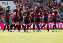 Bournemouth team mates congratulate Callum Wilson(13) of Bournemouth after scoring during the Pre-Season friendly match between AFC Bournemouth and Olympique de Marseille at the Vitality Stadium, Bournemouth, England on 4 August 2018. PUBLICATIONxNOTxINxUK Copyright: xSimonxCarltonx 20530037