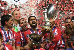 (180816) -- TALLINN, Aug. 16, 2018 -- Diego Costa (C) of Atletico Madrid holds the UEFA Super Cup after the UEFA Super Cup match against Real Madrid at Lillekula Statium in Tallinn, Estonia, Aug. 15, 2018. Atletico Madrid won 4-2. ) (SP)ESTONIA-TALLINN-UEFA SUPER CUP-ATLETICO MADRID VS REAL MADRID SergeixStepanov PUBLICATIONxNOTxINxCHN