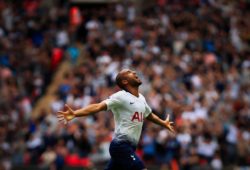 18th August 2018, Wembley Stadium, London England; EPL Premier League football, Tottenham Hotspur versus Fulham; Lucas Moura of Tottenham Hotspur celebrates as he scores making it 1-0 PUBLICATIONxINxGERxSUIxAUTxHUNxSWExNORxDENxFINxONLY ActionPlus12056758 ShaunxBrooks