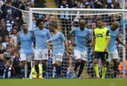 19th August 2018, Etihad Stadium, Manchester, England; EPL Premier League football, Manchester City versus Huddersfield Town; Leroy Sane of Manchester City celebrates with his team mates after Terence Kongolo scores an own goal to put City 6-1 up PUBLICATIONxINxGERxSUIxAUTxHUNxSWExNORxDENxFINxONLY ActionPlus12056848 AlanxMartin