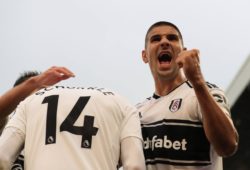 26th August 2018, Craven Cottage, London, England; EPL Premier League football, Fulham versus Burnley; Andre Schurrle of Fulham celebrates with Aleksandar Mitrovic as he scores making it 4-2 PUBLICATIONxINxGERxSUIxAUTxHUNxSWExNORxDENxFINxONLY ActionPlus12058597 ShaunxBrooks