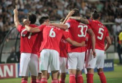 Champions League Qualifikation Saison 2018-2019 Stadion Toumba, Thessaloniki Playoffs, Rückspiel, 29.08.2018 PAOK Thessaloniki - Benfica Lissabon Torjubel - die Spieler von Benfica jubeln über das Tor - v.li.: Pizzi, Ruben Dias, Jardelund Ljubomir Fejsa PAOK Thessaloniki - Benfica Lissabon PUBLICATIONxNOTxINxGRE ANE4537132