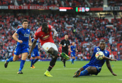 4.07141930 26th August 2017 - Premier League - Manchester United v Leicester City - Romelu Lukaku of Man Utd shoots past Wes Morgan of Leicester - Photo: Simon Stacpoole / Offside. 
IBL