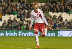 Republic of Ireland vs Denmark. Denmark's Nicklas Bendtner celebrates scoring their fifth goal from the penalty spot