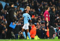 Manchester City manager Pep Guardiola congratulates Raheem Sterling