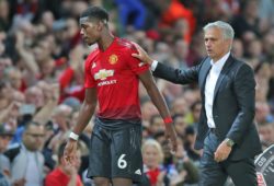 Paul Pogba of Manchester United is substituted in 2nd half to be greeted by Manchester United manager Jose Mourinho