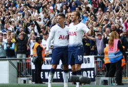 Harry Kane of Tottenham Hotspur celebrates his goal with Erik Lamela of Tottenham Hotspur