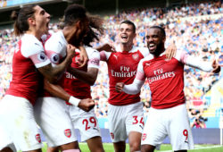 Alexandre Lacazette of Arsenal celebrates his sides second goal scored by Pierre-Emerick Aubameyang.